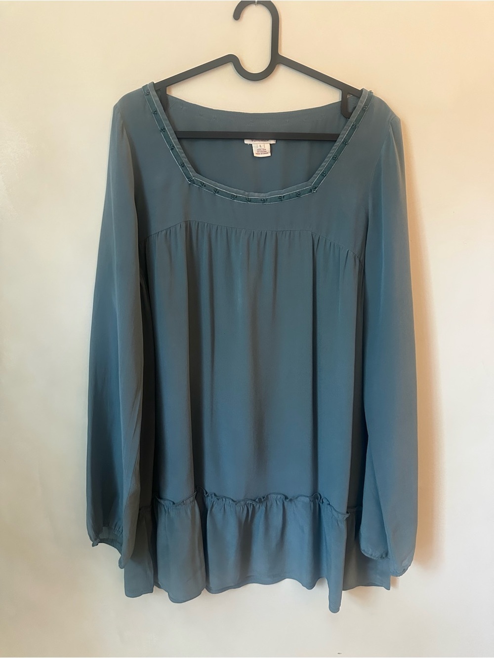 Sundance Teal Long-Sleeve Peasant Blouse Size Large 100% Silk